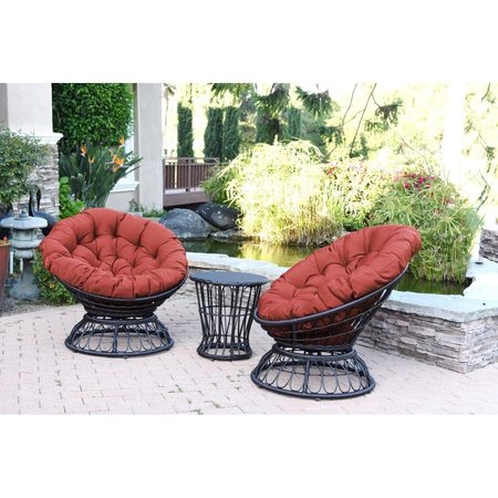 JECO OF-SC001-2-CES018 Papasan Espresso Wicker Swivel Chair & Table Set with Brick Red Cushions OF-SC001_2-CES018